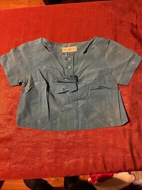 Gay Gibson Top Womens Cropped Short Sleeve Button Bow Teal
